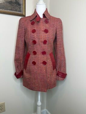 bebe Red Tweed Double-Breasted Pea Coat